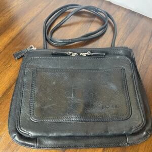 Vintage Black Leather Fossil Crossbody Wallet Purse Zip Pocket Y2K 90s Travel